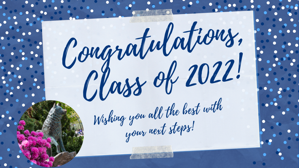 Blue confetti banner with Congratulations Class of 2022! message and Jonathan statue picture